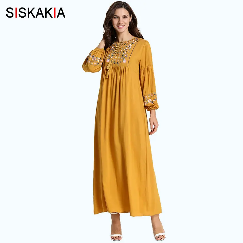 

Siskakia Floral Embroidery Women Long Dress Elegant O Neck Bishop Sleeve Maxi Dresses with Tassel Drawstring Yellow Autumn 2019