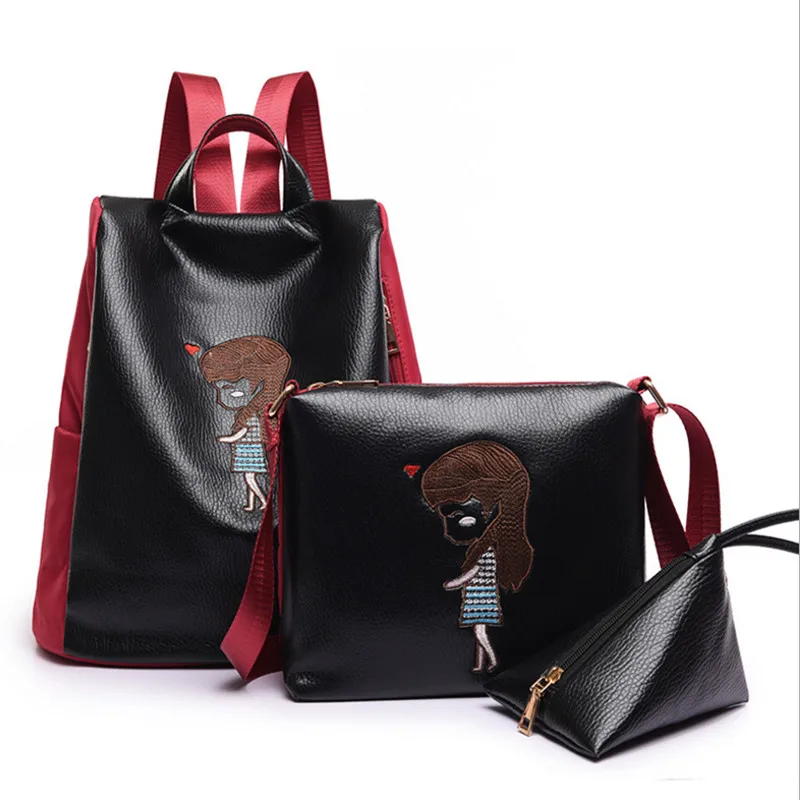 3Pcs Set Embroidery Women Backpacks 2017 Fashion Ladies Shoulder Bag Purse Girls Schoolbag PU Backpack Zipper
