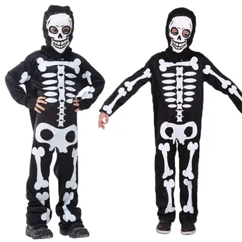 

Halloween carnival cosplay horror ghost bone print vampire devil jumpsuit / hood full set bodysuit kids black clothing costumes