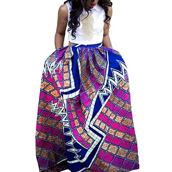 

Fashion Women Summer Skirt Leisure African Flower Long Skirt High Waist A-line Long Skirt