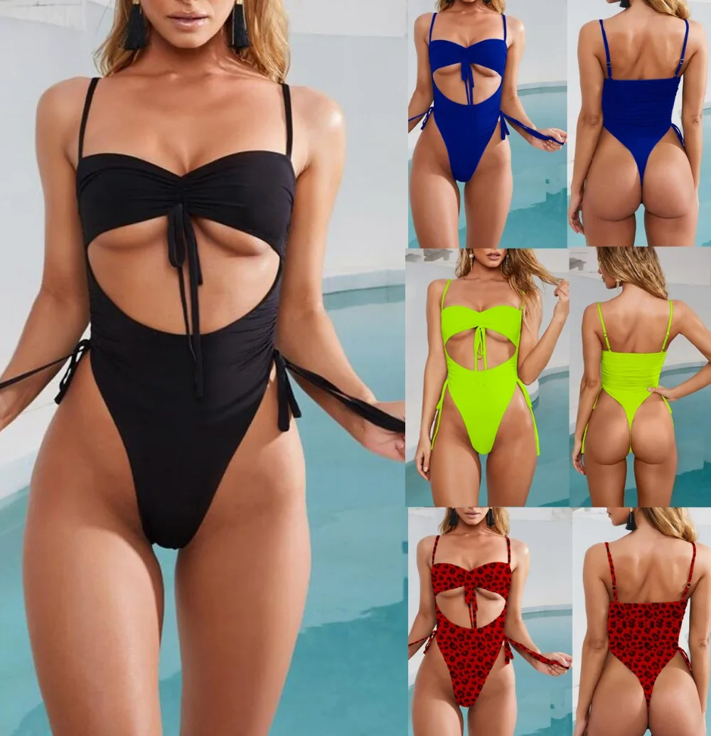 

New Lace Up Thong One Piece Swimsuit 2019 Women Swimwear Female Bather High Leg Cut Bathing Suit Swim Wear Monokini