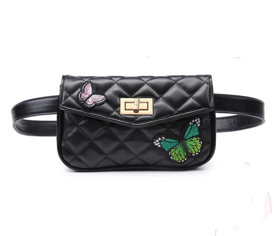 

Women Waist Bag Butterfly Embroidered Belt High Quality PU Leather Fanny Pack Hip Bum for Cell Phone Purse celula