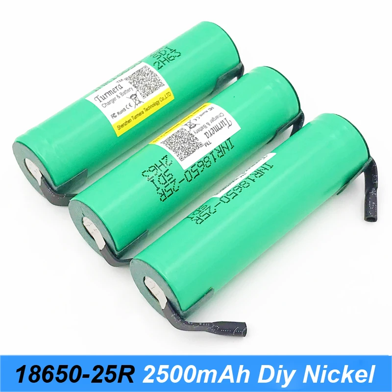 18650 аккумулятор inr18650 25r 20a 2500mAh с полосками, припаянными для аккумуляторной отвертки для дрели turmera 18650