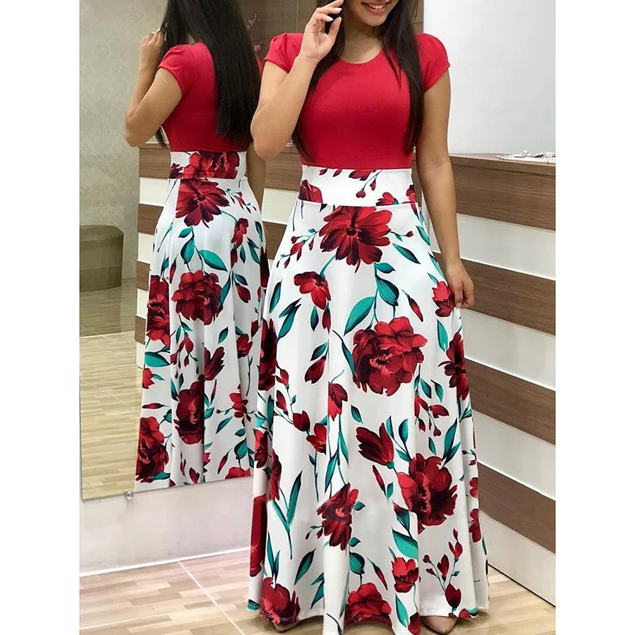 

Spring and summer retro round neck length print flower color dress
