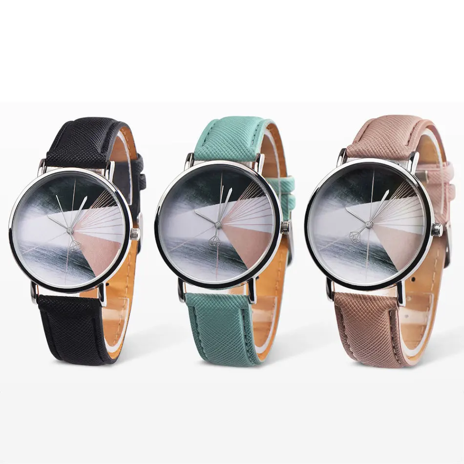 

Lady Quartz Watch Stereo Painting Bracelet Clock Gift Leather Fashion Simple Leather Strap Black/Mint Green/Brown