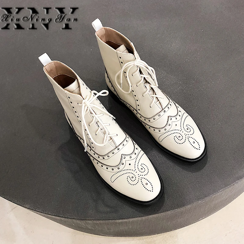 Women Ankle Boots Genuine Cow Leather Lace-Up Round Toe Autumn Winter Ladies Casual Shoes Handmade Low Heels Booties 2019 | Обувь