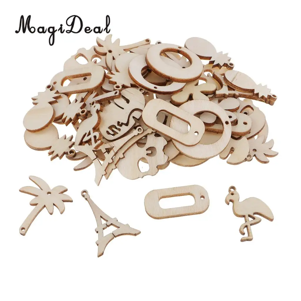 50pcs Assorted Natural Wood cutouts Shapes Chic Wooden Embellishment Scrapbooking Craft DIY Wind Chimes Xmas Hanging Decorations