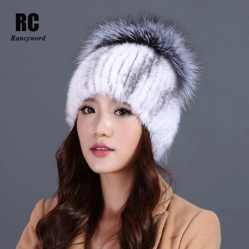 

[Rancyword] 2017 New Black Real Mink Fur Hats With Silver Fox Fur Ball Keep Warm Beanies Cap Thick Female Hat Caps Winter RC1311