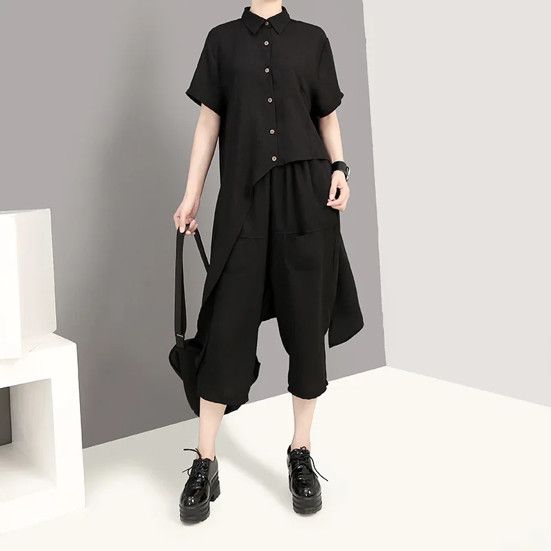 

[YaLee] New Fashion 2019 Summer Lapel Short Sleeve Single Breasted Asymmetrical Shirt Pockets Elastic Waist Pants Set Women A598