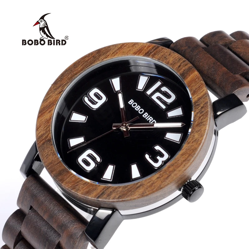 BOBO BIRD WO21O22 Fashion Wooden Metal Watches for Men with Big Number Wood Band Quartz Watch in Wooden Box