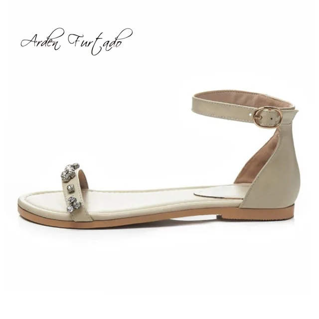 Arden Furtado 2018 summer flats genuine leather crystal flowers cover heels big size woman shoes ladies casual fashion sandals