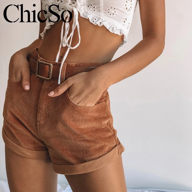 

Missychilli Corduroy Khaki casual shorts Women high waist pockets workwear shorts Summer loose straight female streetwear shorts