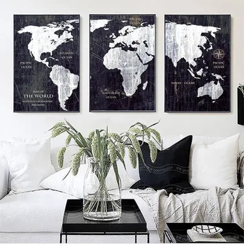 

SURE LIFE Vintage Black And White World Map Posters Prints Canvas Paintings Home Wall Art Pictures for Living Room Office Decor