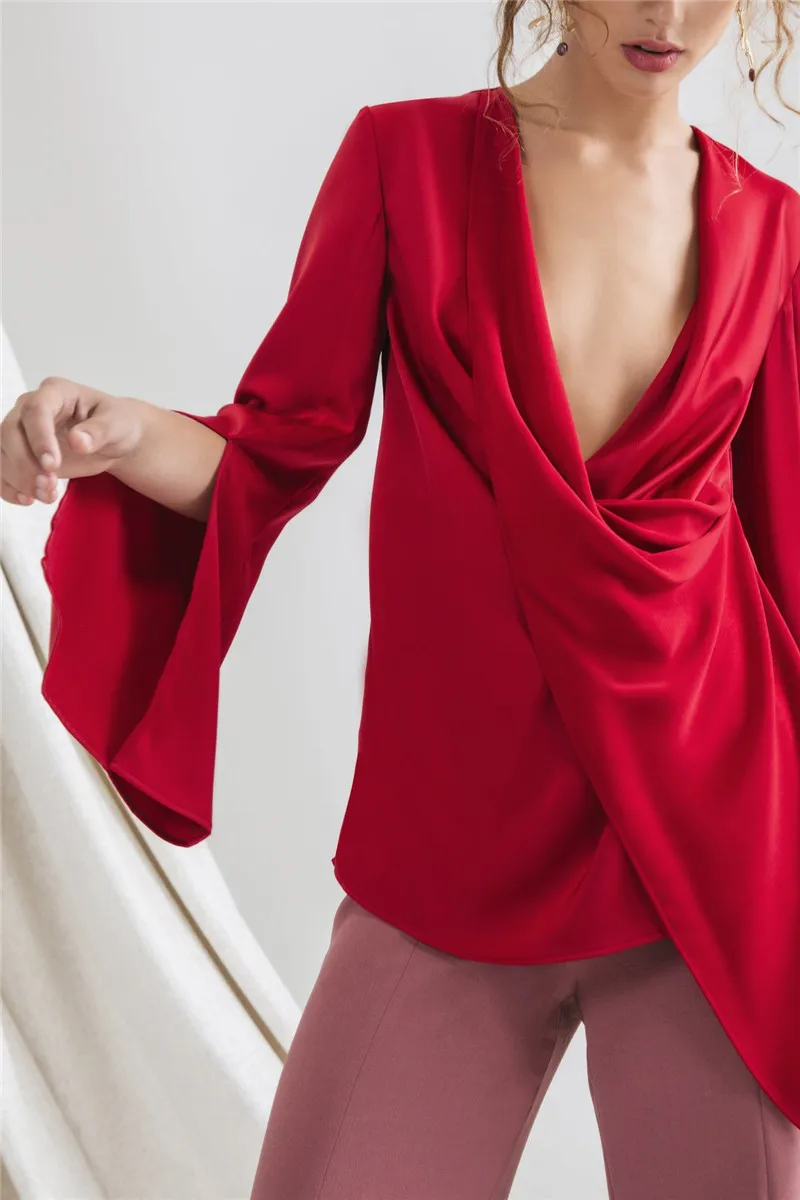 AEL свободный женский топ, атласная Женская блузка с асимметричным v-образным вырезом, летняя праздничная одежда, модная одежда с длинным рукавом - Цвет: Красный