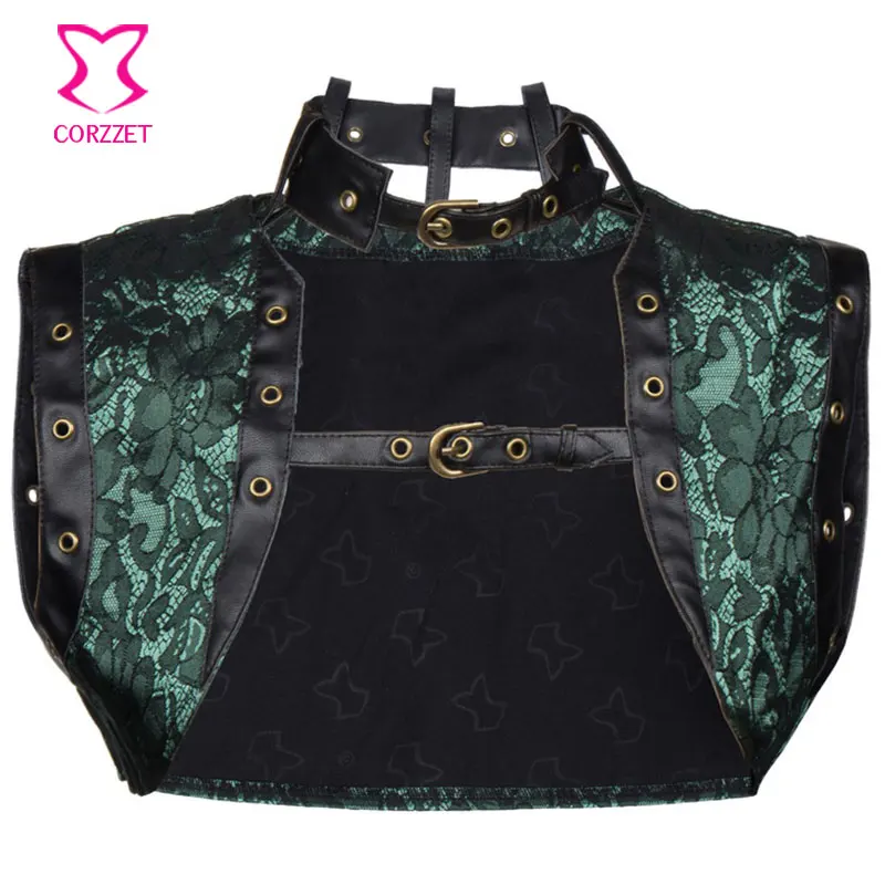 

6XL Green Floral Brocade And Leather Vintage Gothic Jacket Steampunk Coat Women Bolero Burlesque Outfits Sexy Corset Accessories