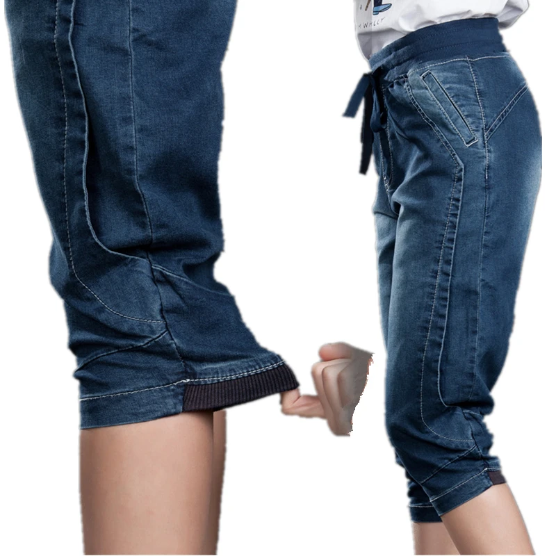 Летние капри, джинсы, брюки, стрейч размера плюс, бриджи, женские, деним, эластичный пояс, свободные, 5XL, до колена, джинсовые штаны для женщин