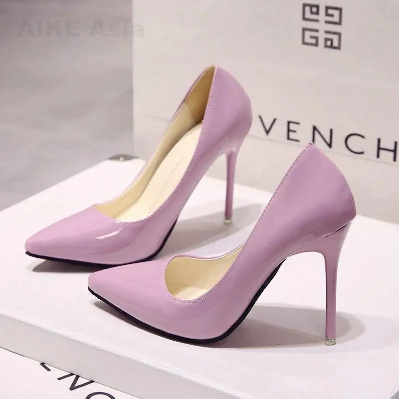 Pink 10CM Популярная женская обувь; туфли-лодочки с острым носком; модельные туфли из лакированной кожи на каблуке; свадебные туфли-лодочки; zapatos mujer; цвет красный, синий, красный, черный, абрикосовый - Цвет: Pink 10CM