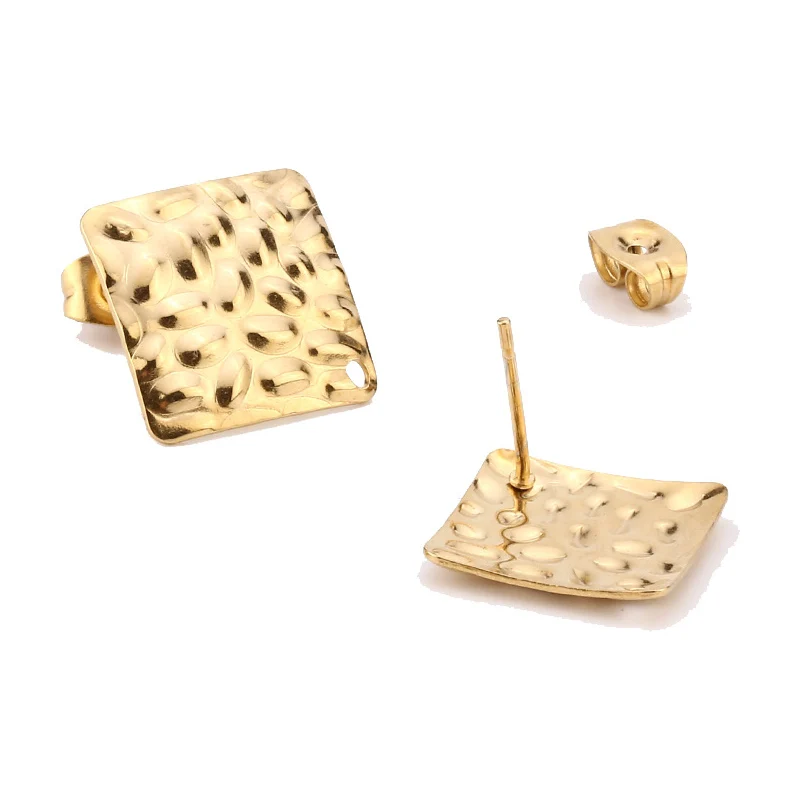 

Gold Stainless Steel Square Heart Round Blank Ear Posts Findings With Hole Hammered Uneven Pad Stud Earrings Base DIY Making