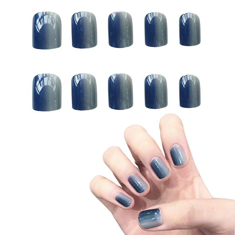 

24pcs Short Size Gray Gradient Color Fake Nails DIY Fashion Nail Art Tips with Glue Women Party Simple Casual Artificial Nail