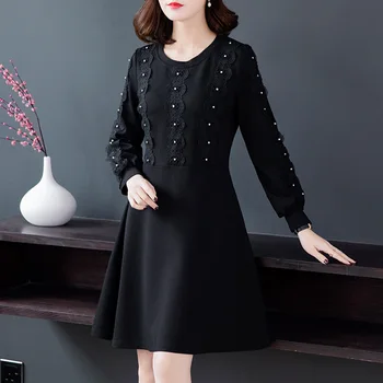 

2019Spring Ladies elegant OL dress lantern sleeves lace Rhinestone patchwork cultivating midi dress casual vestidos plus size5XL