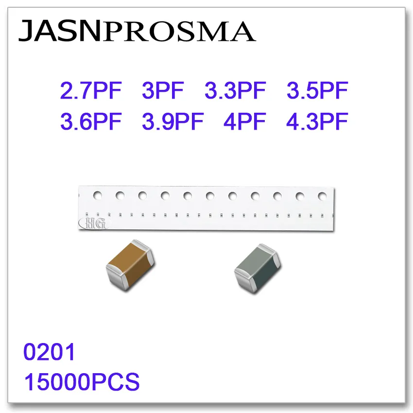 JASNPROSMA 15000 шт 0201 0603 50 V 5% 2.7PF 3PF 3.3PF 3.5PF 3.6PF 3.9PF 4PF 4.3PF SMD, высокое качество новый товар конденсаторы J