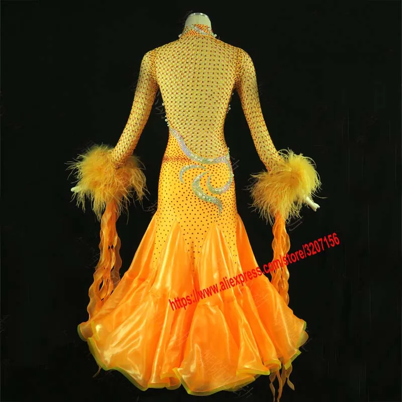 Стандартное бальное платье для женщин Новинка на заказ оранжевое перо с длинным рукавом вальс платья для конкурса бальных танцев