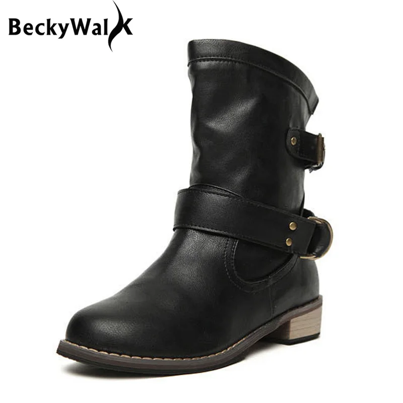 Hot Sale Casual Low Heel Women Boots Fashion Belt Motorcycle Boots Round Toe Middle Top Winter ...