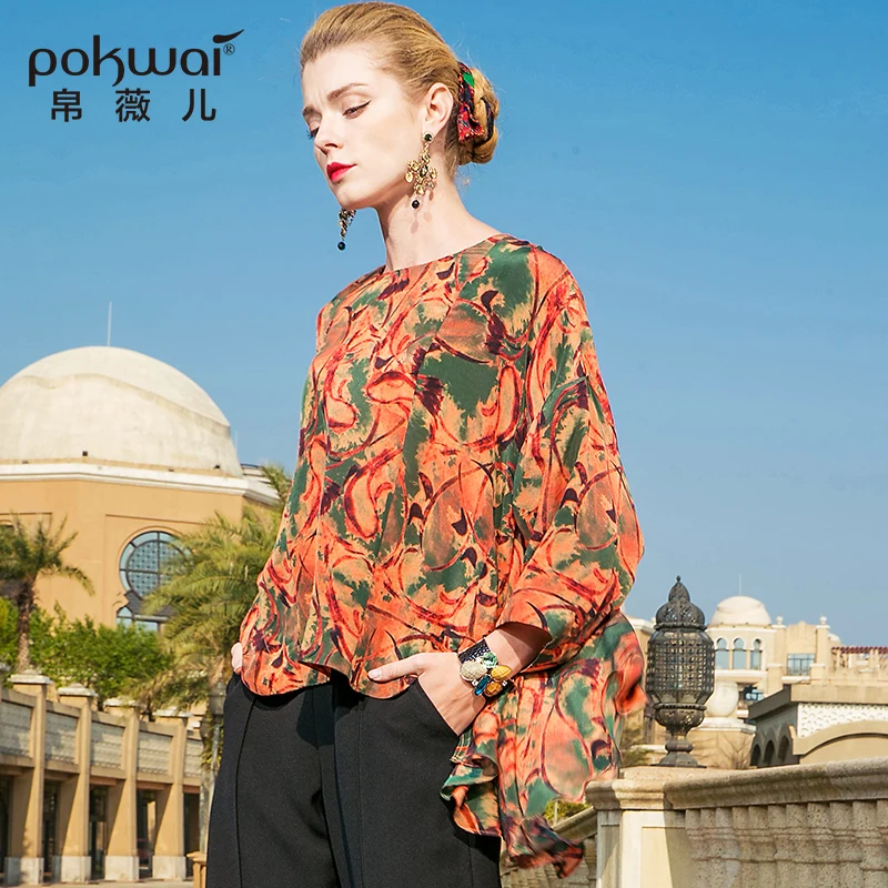

POKWAI Casual Print Silk Blouse Shirt Women Fashion 2018 New Arrival Long Batwing Sleeve O-Neck Ruffles Chiffon Tops