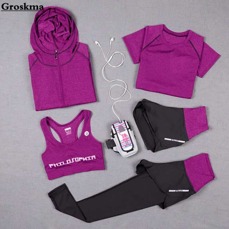 

High waist pants+hooded coat+t shirt+bra+short women yoga 5 pieces set outdoor running quick dry fitness gym clothing sports set