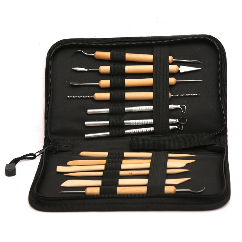 Super Quality 14Pcs Wooden Metal Pottery Clay Tools With Case Molding Sculpture Sculpting Clay Tool Kit