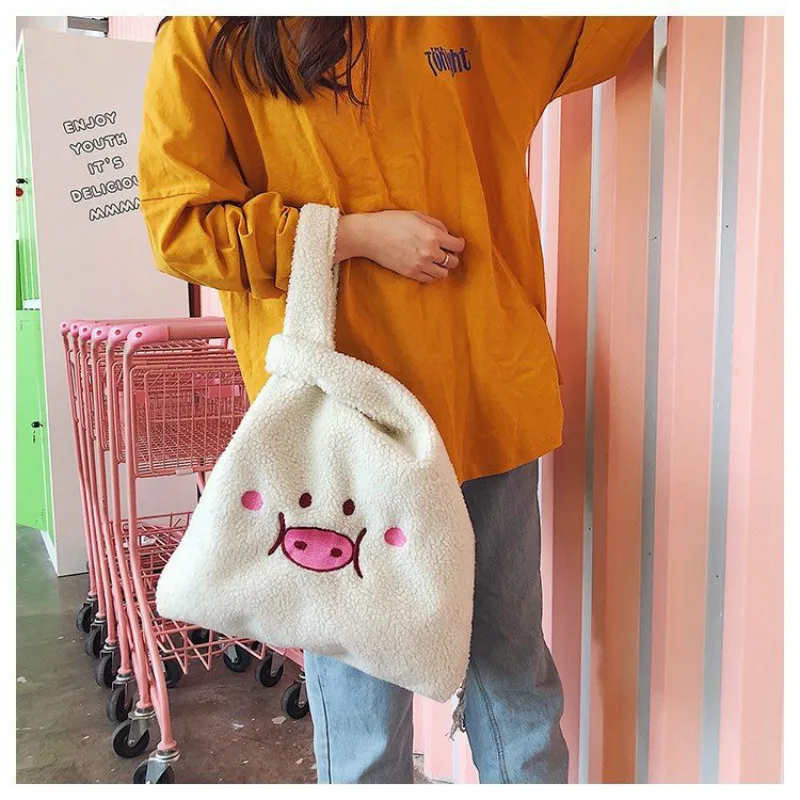 

Plush Piggy Embroidered Handbag Women Cute Personality Ugly Hand Pack Fashion Student Large Capacity School Bag Shopping Totes