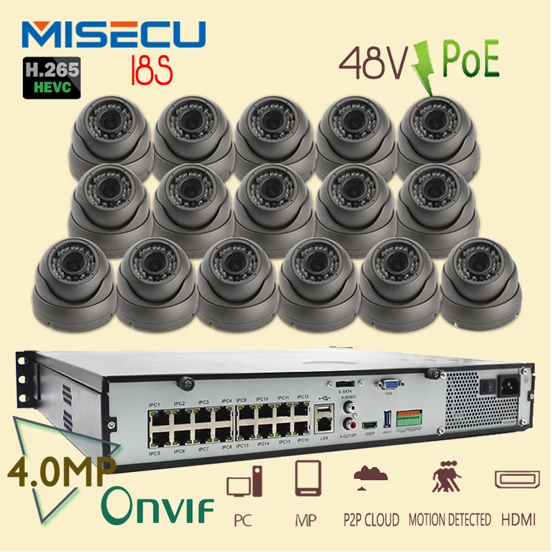 New 4K H.265 16CH POE 48V NVR i8S Onvif support 4*6TB API Protocol Real plug-play 4.0MP 2592*1520P POE fixed Lens IR Surveilance