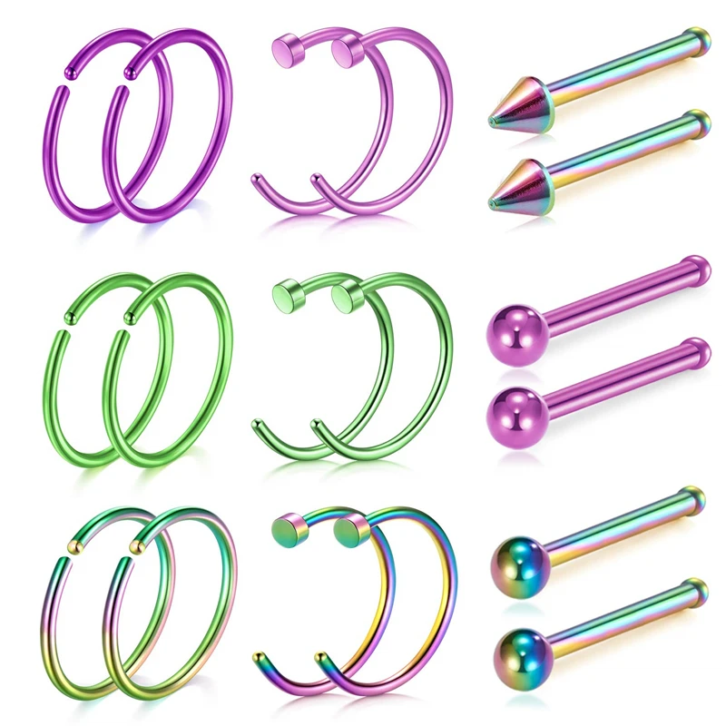 JFORYOU 18 г 20 г 22 г нос кольцо Hoop-18pcs Нос Кольца шпильки Пирсинг обруч ювелирные изделия из нержавеющей стали Нос Кольца зеленый фиолетовый - Окраска металла: 20G