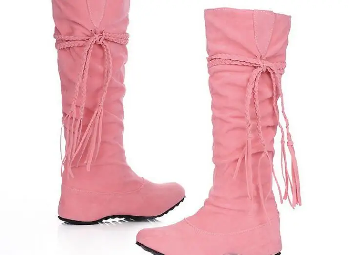 Женские ботинки Новая модная женская обувь розового цвета зимние ботинки размера плюс высокие сапоги с бахромой женские ботинки замшевая женская обувь
