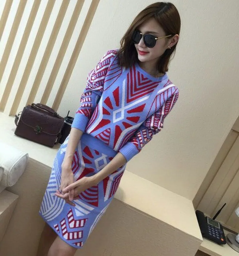 Women Knit Geometric Pattern Sweaters Tops + Skirt 2 Piece Set 2018 New Ladies Autumn Casual Long Sleeve Knitted Suit LY599