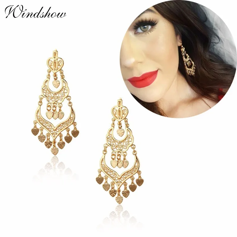 

Yellow Gold Color Chandelier Filigree Heart Bohemian Big Drop Long Earrings For Women Wedding Jewelry Aros Pendientes Colgantes