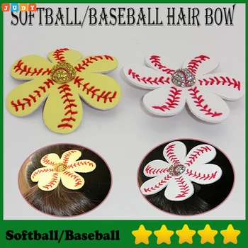 

New Arrival Softball Flower clips Leather Seamed Softball Bows With Rhinestone Clip Pin Baseball