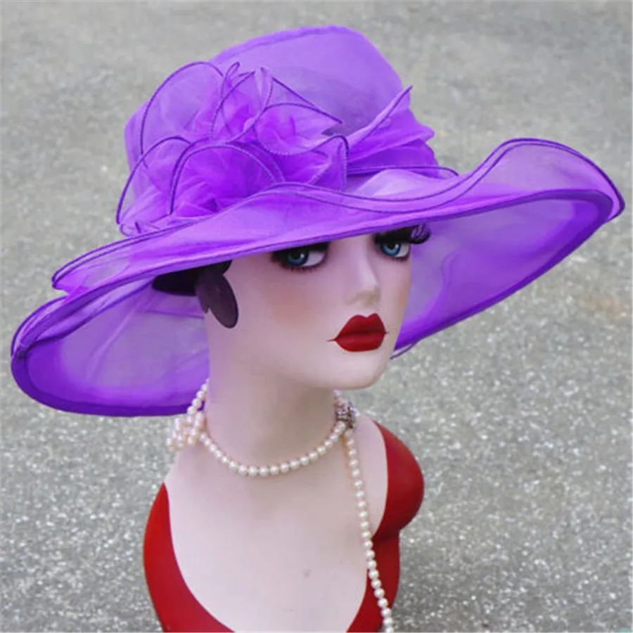Women Sun Hat 1Pcs Mesh Ruffles Flower Kentucky Derby Wide Brim Wedding Church Occasional Organza Sun Hat