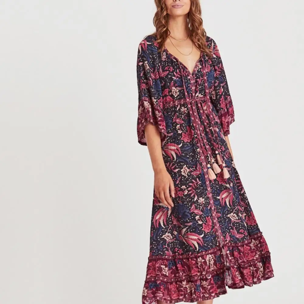 

Summer beach holiday boho dress women V neck phoenix floral print half sleeve adjustable tassel sash Casual maxi dress vestidos