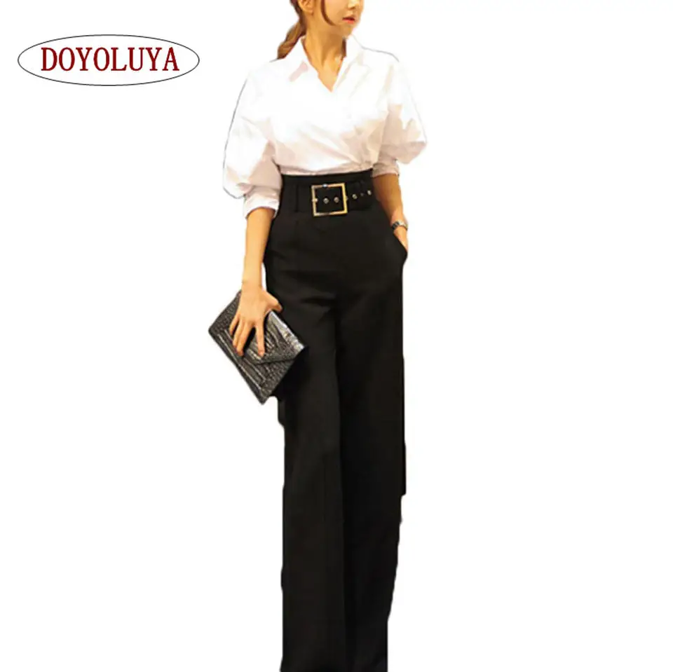 [DOYOLUYA] 2018 Женская офисная одежда белая блузка с коротким рукавом и черные длинные