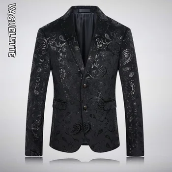 

VAGUELETTE Paisley Floral Pattern Blazer Men Jacket Coat Black Printed Velvet Blazer Slim Fit Stage Clothes For Singers Men 2019
