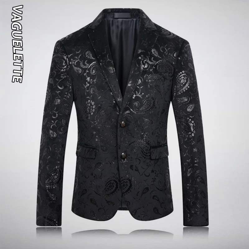 ^*Best Offers Мужской пиджак VAGUELETTE, черный бархатный блейзер с цветочным принтом, облегающая сценическая одежда для певцов, 2019 ^*Best Offers Мужской пиджак VAGUELETTE, черный бархатный блейзер с цветочным принтом, облегающая сценическая одежда для певцов, 2019