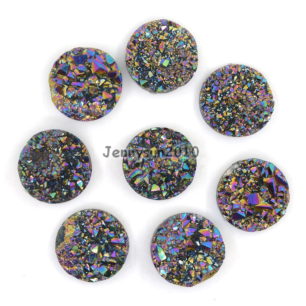 

12mm Metallic Multi-Colored (No Hole) Druzy Quartz Ag-ate Flat Back Connector Round Cabochon Beads Jewelry 10 Pcs /Pack
