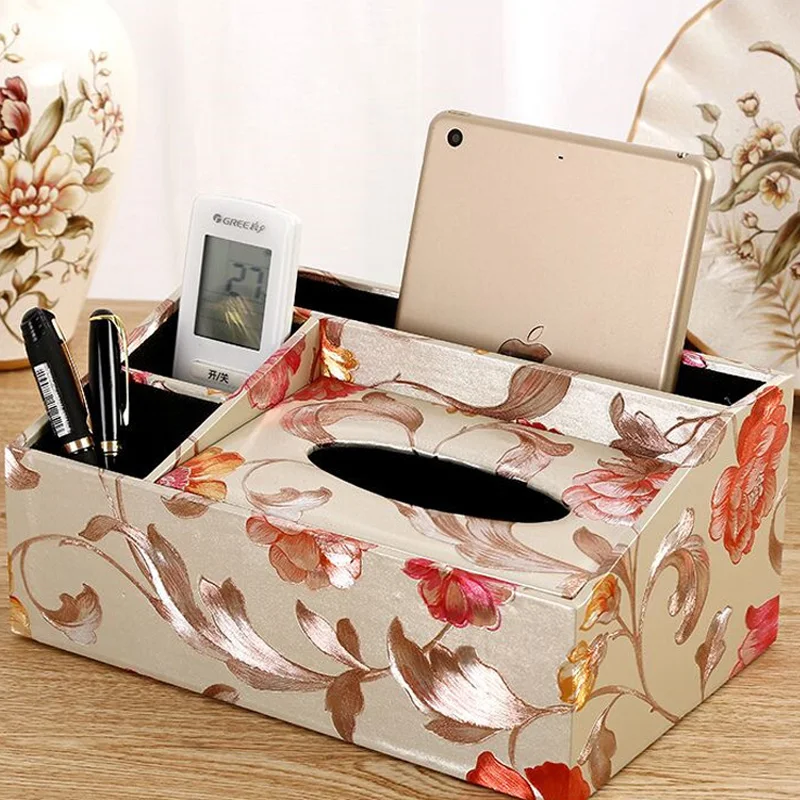 

Wooden Leather Tissue Box Remote Controller Storage Box office Desk Storage Case Living Room table Storage box Flower type Case
