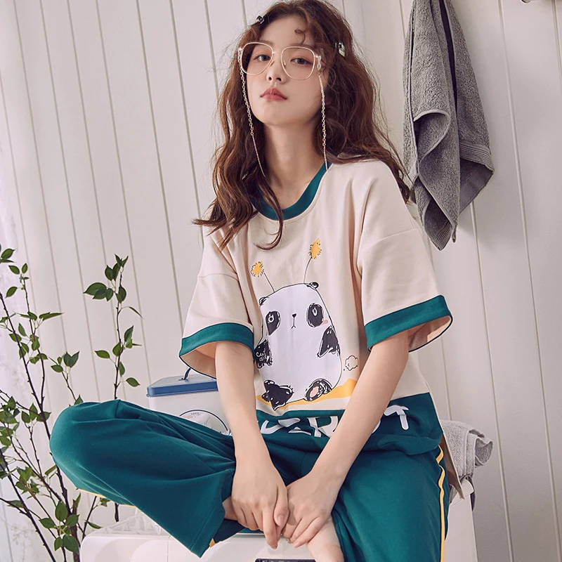 

Women cotton pajamas set cartoon pajamas round neck printing T-shirt trousers 2 sets loose plus size pijama mujer verano pajama