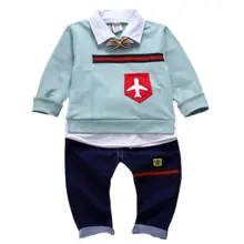 На осень для маленьких мальчиков, комплект с длинными рукавами для детей; мягкий свитер, комплект одежды, одежда с рисунками самолетов и галстук-бабочка с принтом из пайеток, топ и брюки Y13