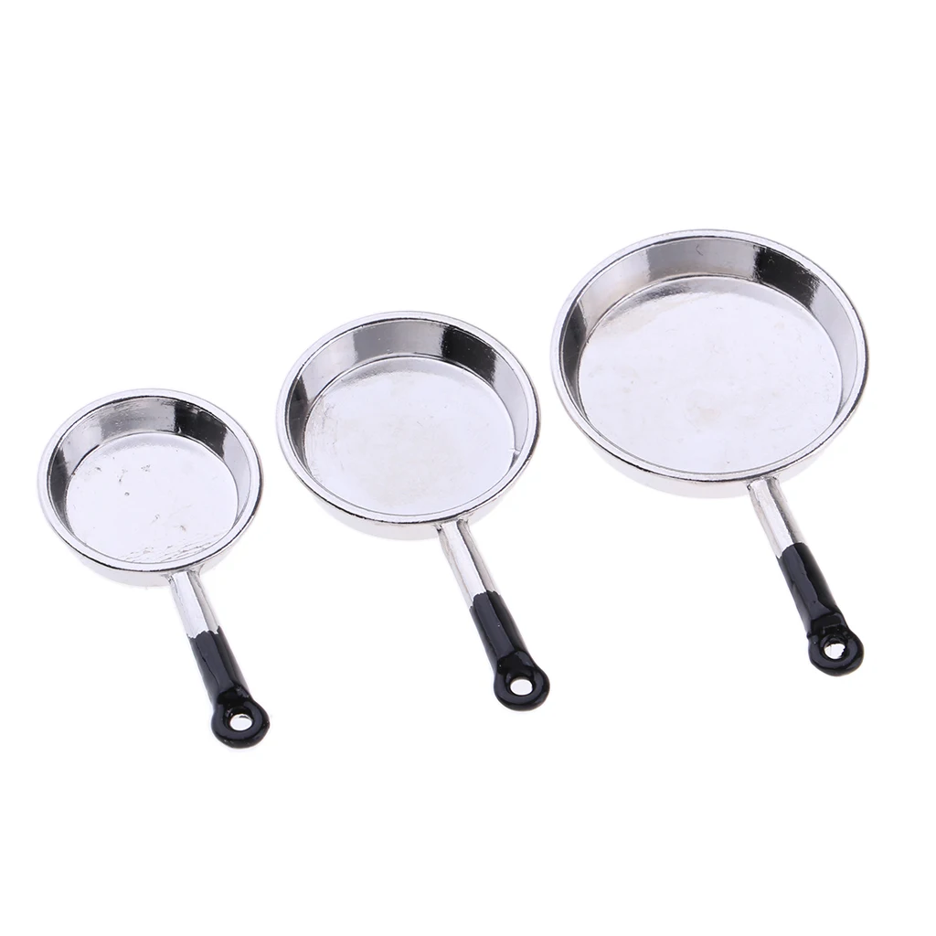 3Pcs 1/12 Dollhouse Miniature Pots and Pans Kitchen Cookware Set Toy Kitchen Cooking Accessories With Utensils Playset Silver