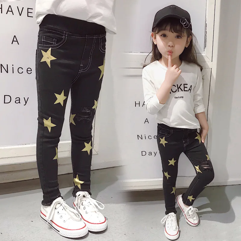 

Girls Jeans 2018 Explosion Models Korean Girls Autumn Pants In The Big Children Five-pointed Star Hole Black Elastic Pants