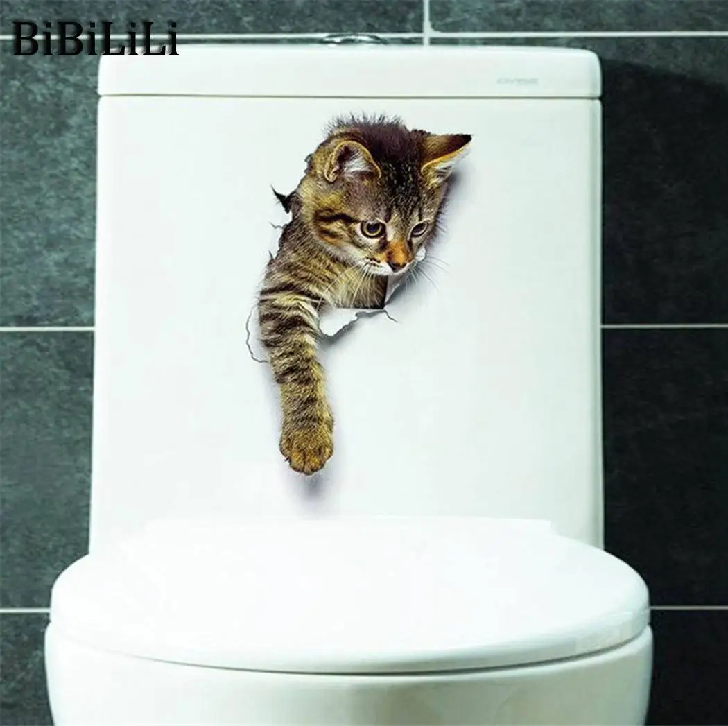 

Wall Sticker Cat Vivid 3D Smashed Switch Bathroom Toilet Kicthen Decorative Decals Funny Animals Decor Poster PVC Mural Art