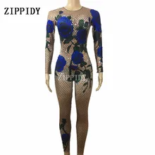 Синяя Роза Печатных Комбинезоны красочные боди со стразами представление вечерние день рождения, празднование блестящий костюм танцевальная одежда